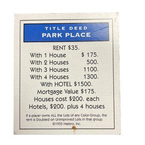 Monopoly Classic Park Place Ave Property Title Deed Card Replacement u